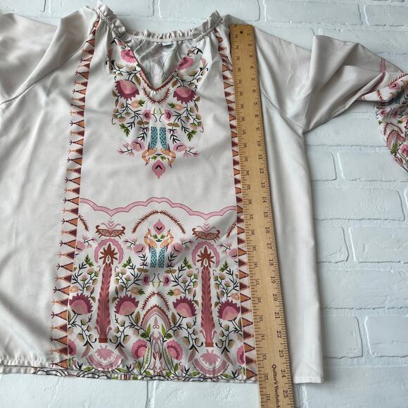 Boho Boutique Women's Tan Western Floral Print Peasant Top Blouse -sz S - Picture 5 of 6